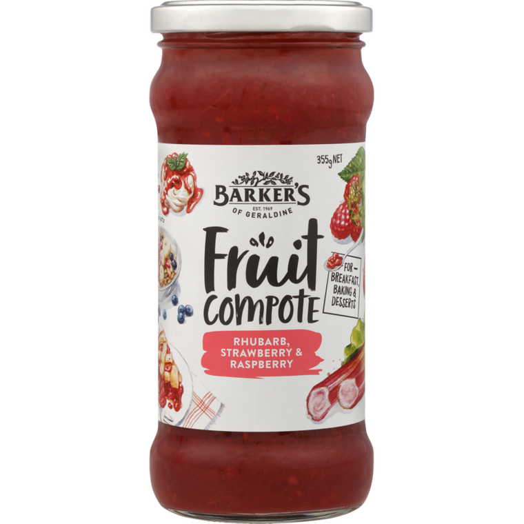 Barkers Rhubarb Strawberry Raspberry Fruit Compote 355g