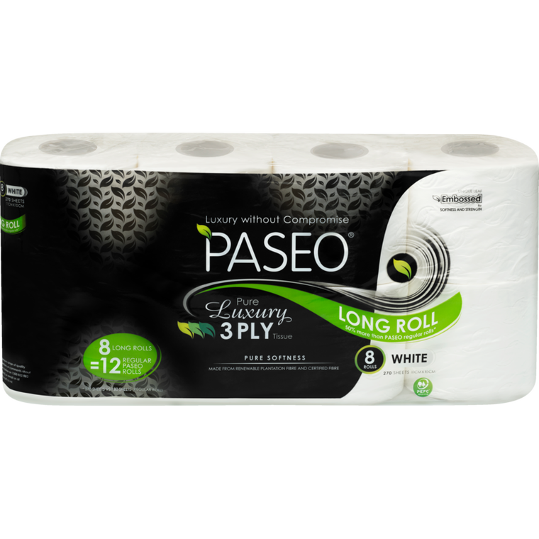 Paseo Pure Luxury Long Roll Toilet Paper 3ply 8pk