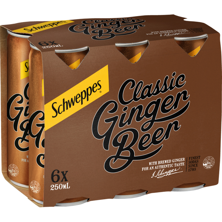 Schweppes Classic Ginger Beer Soft Drink Cans 250ml x 6pk