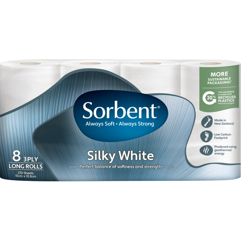 Sorbent Long Roll Silky White Toilet Tissues 3ply  8pk