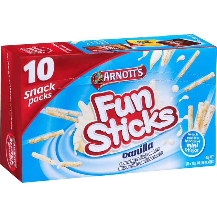 Arnotts Funsticks Vanilla Rolled Wafers Snack Packs 10pk 180g