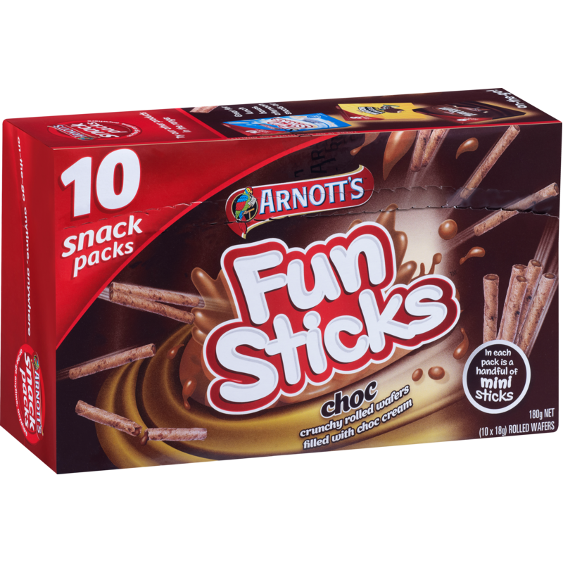 Arnotts Funsticks Chocolate Rolled Wafers Snack Packs 10pk 180g