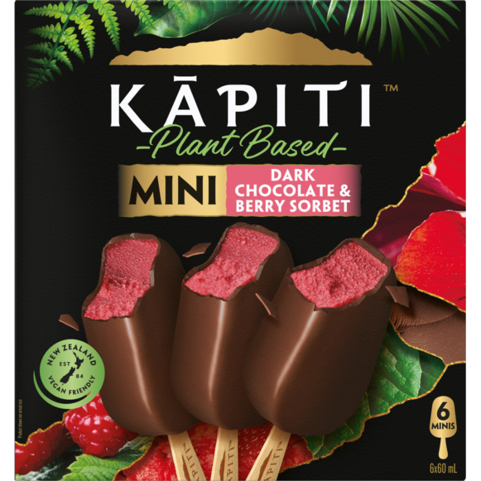 Kapiti Vegan Dark Chocolate & Berries Sorbet Ice Cream Minis On Stick 6pk x 60ml