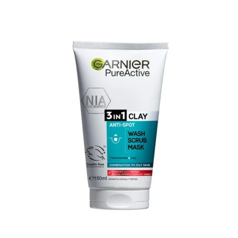 Garnier Pure Active 3 in 1 Clay Wash Scrub Mask 150ml