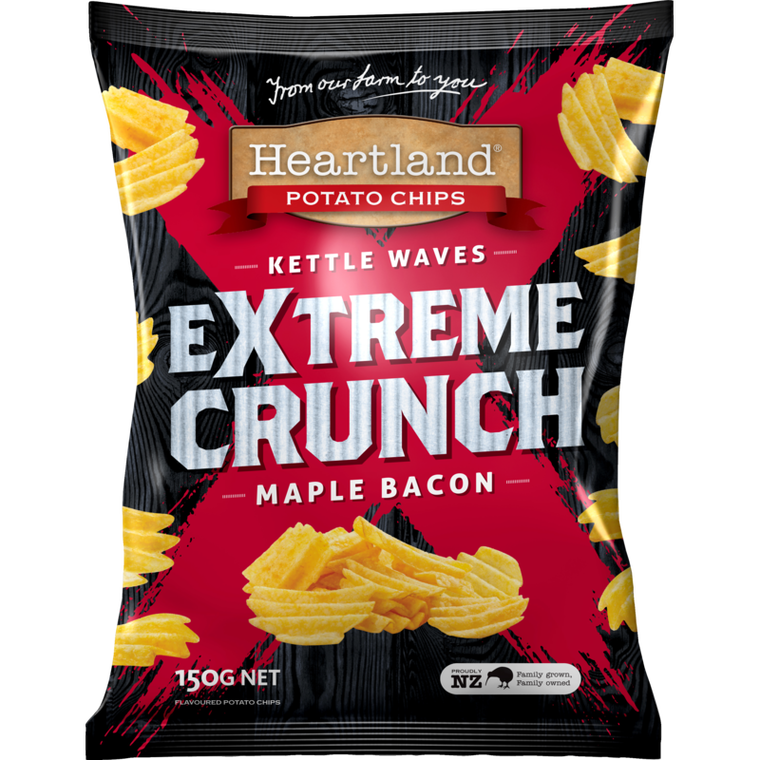 Heartland Extreme Crunch Maple Bacon Kettle Waves Potato Chips 150g