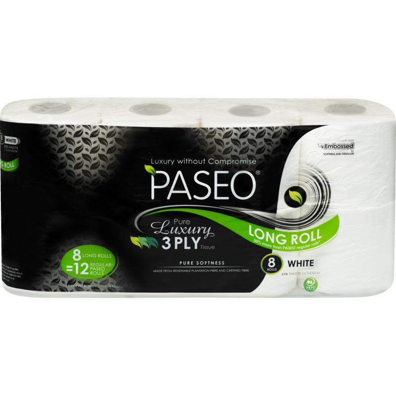 Paseo Pure Luxury Long Roll Toilet Paper 3ply 8pk