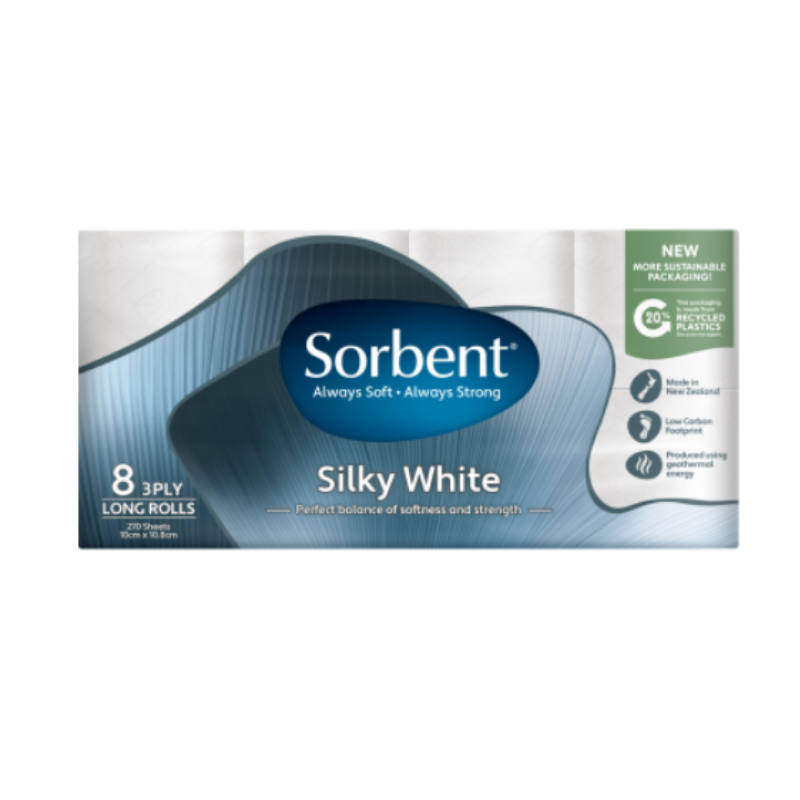 Sorbent Long Roll Silky White Toilet Tissues 3ply  8pk
