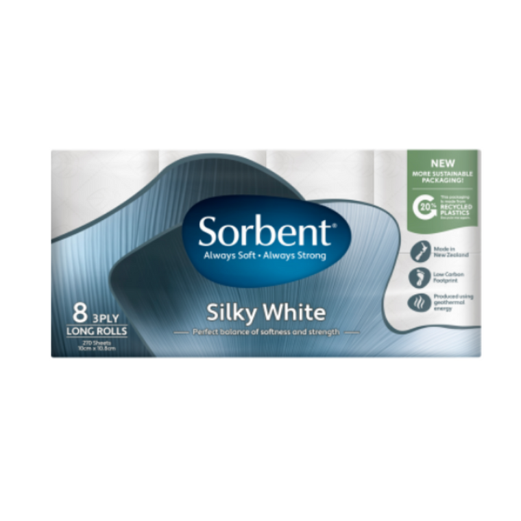 Sorbent Long Roll Silky White Toilet Tissues 3ply  8pk
